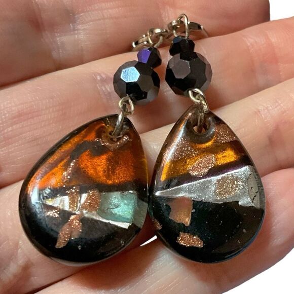 Dichroic Glass Dangle Pierced Earrings Browns Silver Tone Oval Artisan 2.25” - Picture 2 of 5